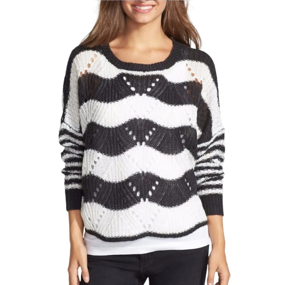 Jessica Simpson Loreen Open Knit Striped Sweater in Black Stripe Womens Size XS